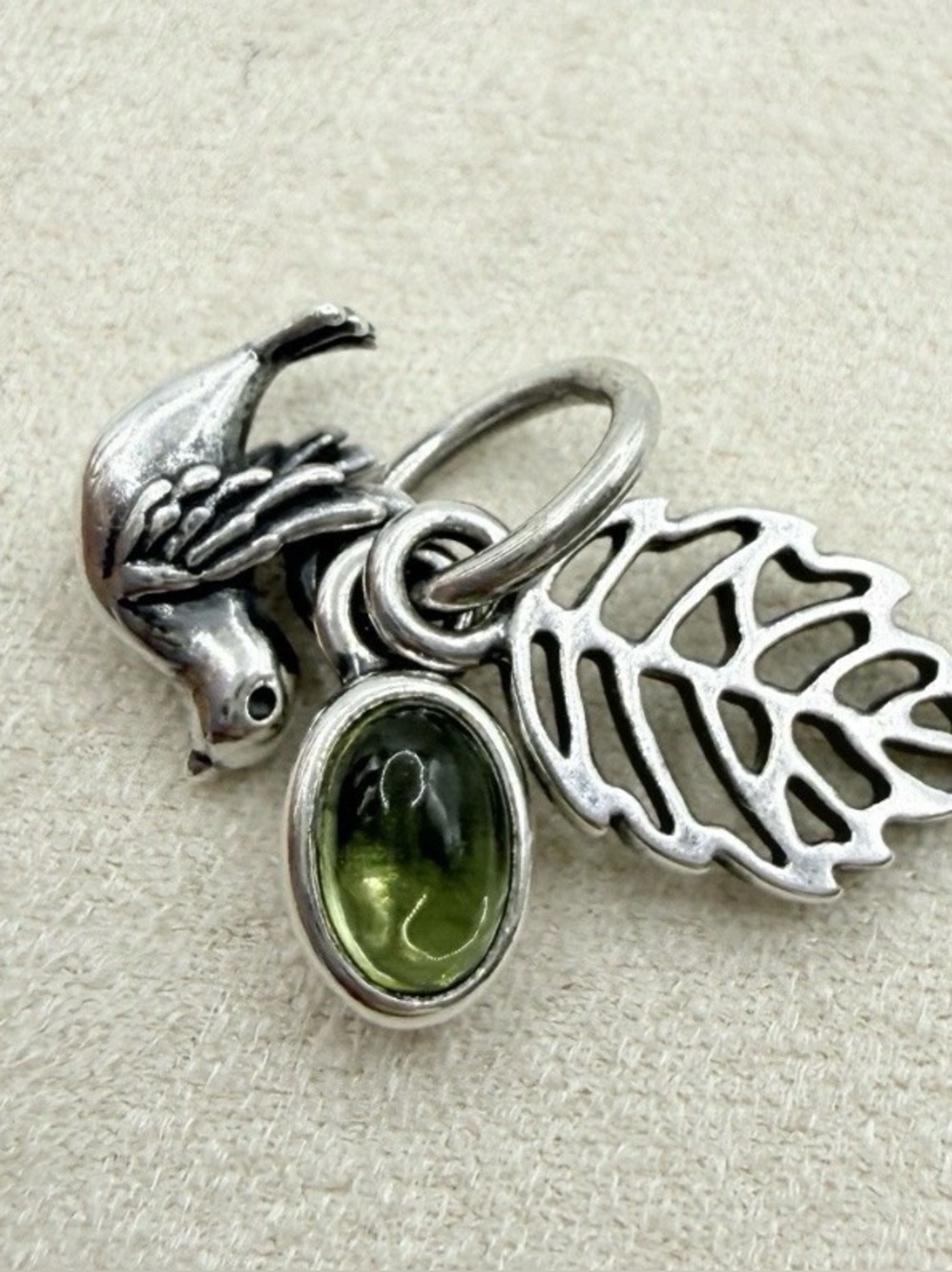 Pandora Retired Forest Trinity Charm Bird Leaf Natural Peridot stone